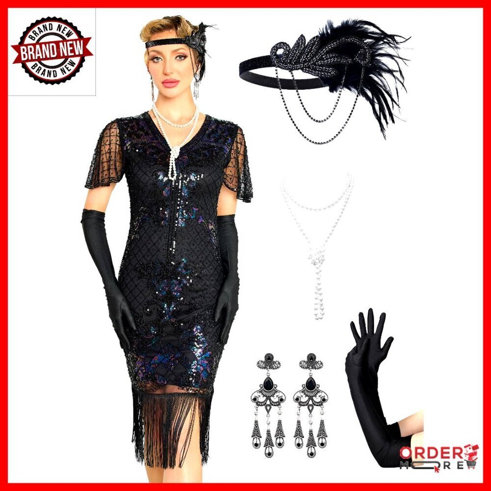 1920s Flapper Dress with Fringe and Sequin Beading, Mesh Fabric, Gatsby Party